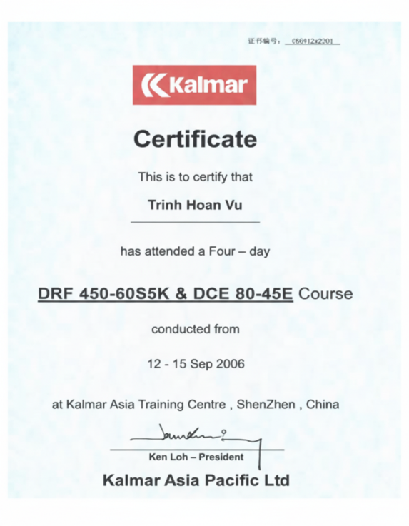 Chứng chỉ Kalmar Asia